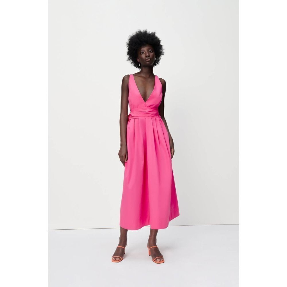 Zara Bow Pink Midi Dress Deep Plunge Poplin New Barbiecore Barbie - Picture 11 of 16